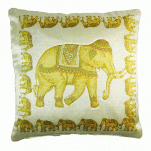 Thai Silk Cushion  Elephant pattern in gold on white